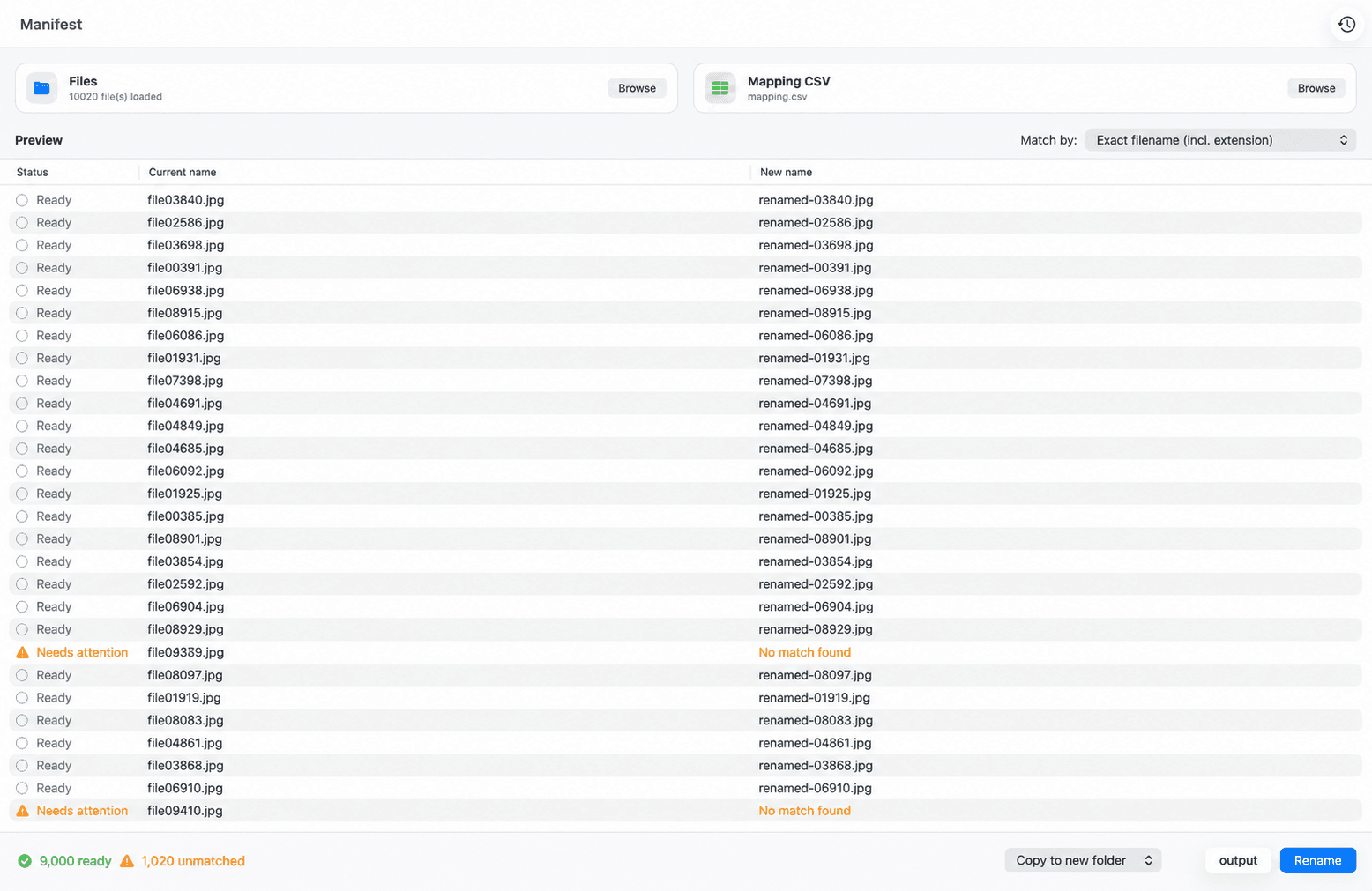 Manifest for macOS previewing thousands of current filenames alongside their new CSV-mapped names, with unmatched files clearly flagged